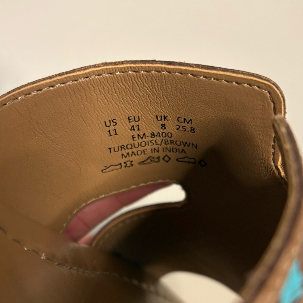 Women's Myra Hand Tooled Leather Turquoise and Brown Sandals Slides Size 11 - Picture 7 of 7